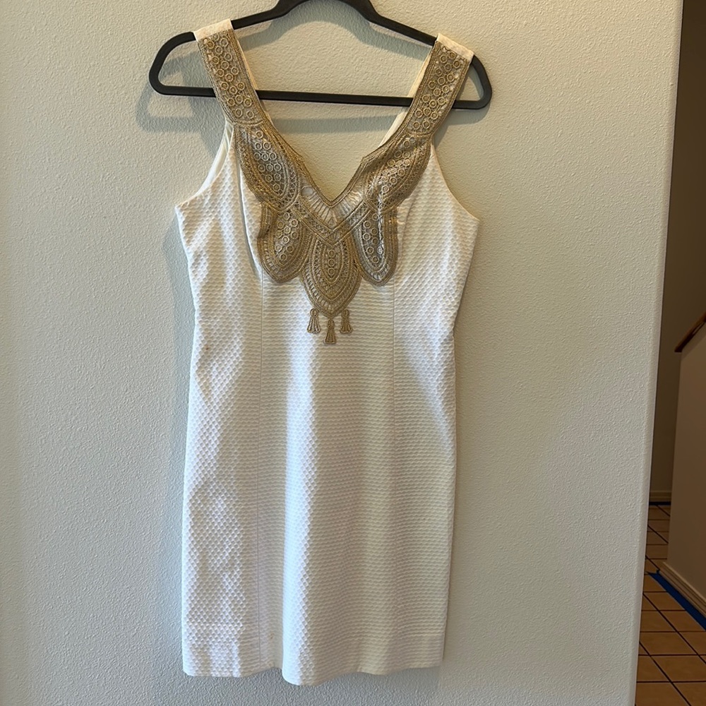 Lilly Pulitzer White Midi Dress with Gold Embellished V-Neck